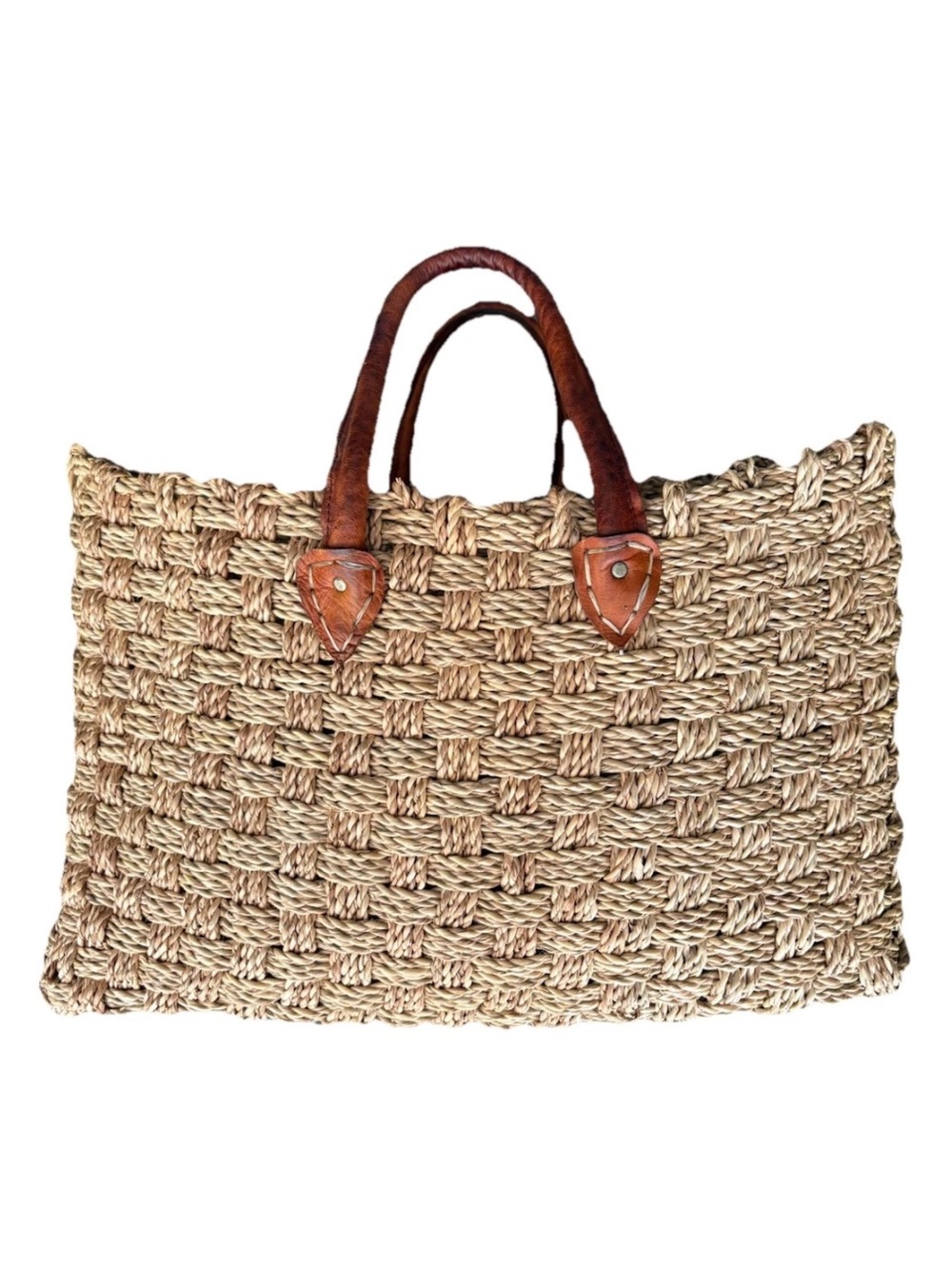 Moroccan Woven Straw Tote Bag with Brown Leather Handles 18” length